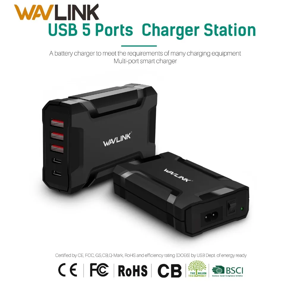 Зарядное устройство Wavlink с 5 USB портами и поддержкой быстрой зарядки 45 Вт/9