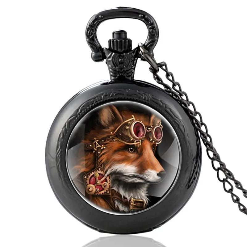 

Classic Steampunk Fox Dragon Glass Cabochon Quartz Pocket Watch Men Women Vintage Pendant Necklace Chain Hours Clock Gifts