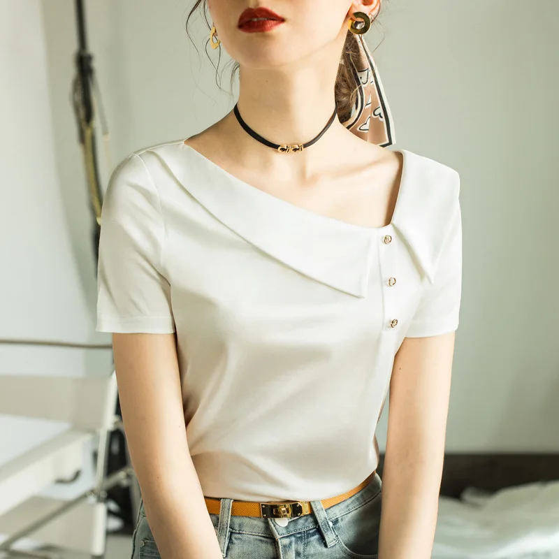 

2021 spring and summer new mercerized cotton short sleeve T - shirt inclined collar foreign style small shirt
