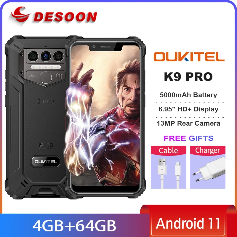 OUKITEL K9 Pro 6.95'' HD+ 4GB+64GB Smartphone Helio A25 Octa Core 13MP Rear Camera 5000mAh Android 11 Cellphone Fingerprint