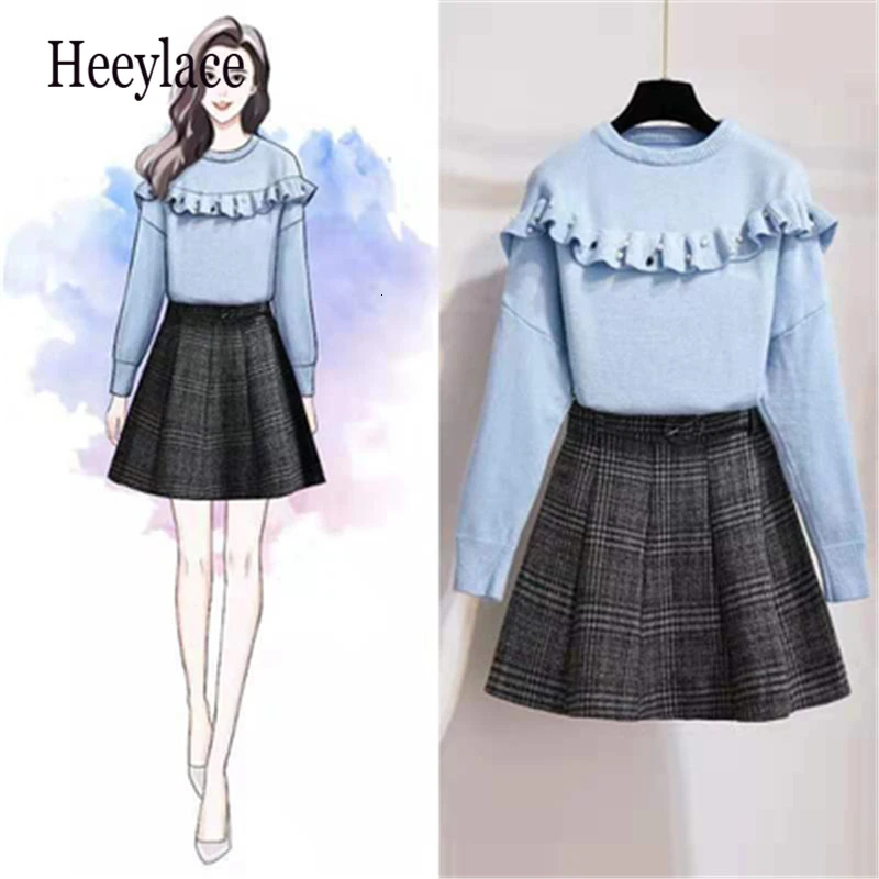 Маленький свежий стиль осенняя Женская юбка свитер комплекты из 2 предметов