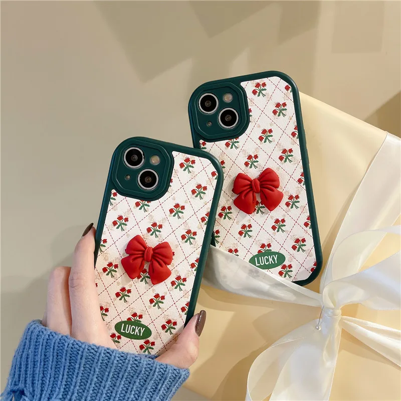 

Korean Cute Grid flower bowknot Phone Case For iPhone 11 12 Pro XS Max X XR Soft Shockproof Back Cover for 13 Pro Max gril gift