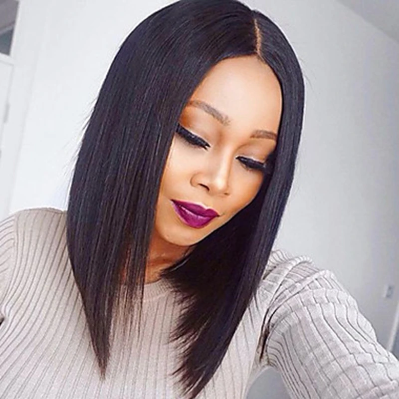 

Short Straight Bob Hair Lace Front Wig Black Color Glueless Heat Resistant Synthetic Lace Front Wig For Women Middle Part 14inch
