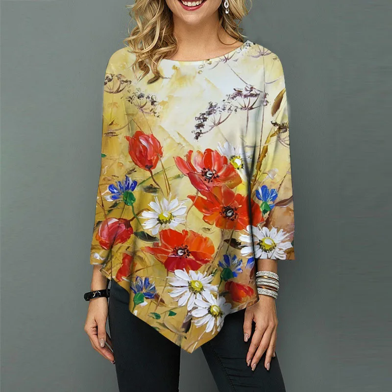 

2021 Autumn Floral Print 3/4 Sleeve Tunic Tee Shirts Womens Clothing Fashion Casual Harajuku Loose Plus Size T-shirt Ladies Tops