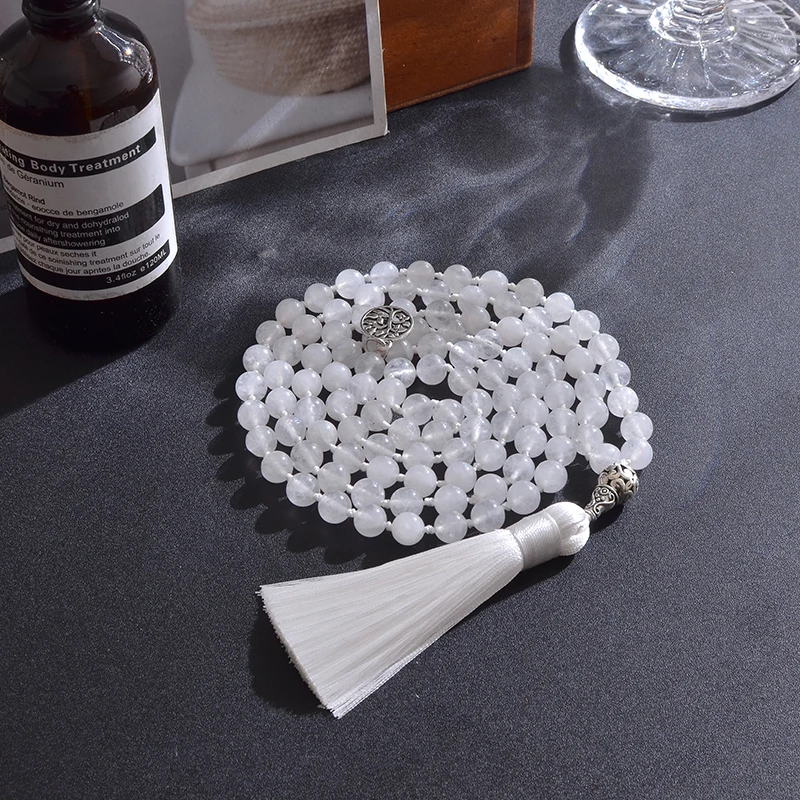 108 Mala украшение из бисера 8 мм Белое Нефритовое узелковое ожерелье медитация Йога