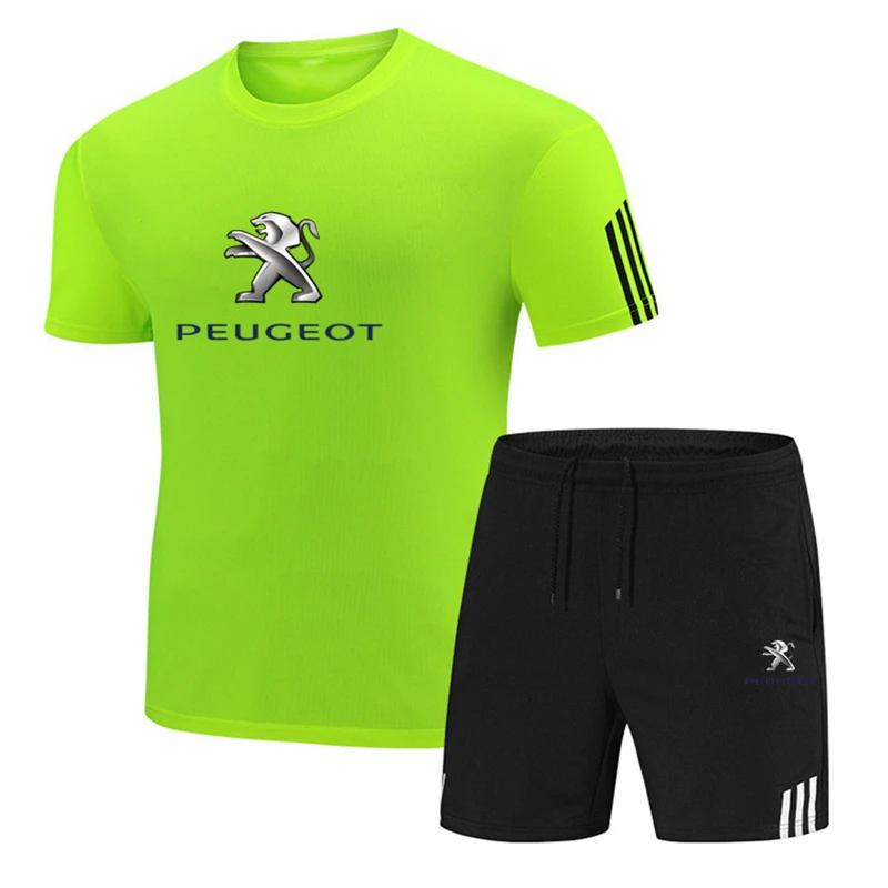 

Peugeot car LOGO new men's 2021 summer two-piece men's short-sleeved T-shirt + shorts suit sportswear fitness running suit