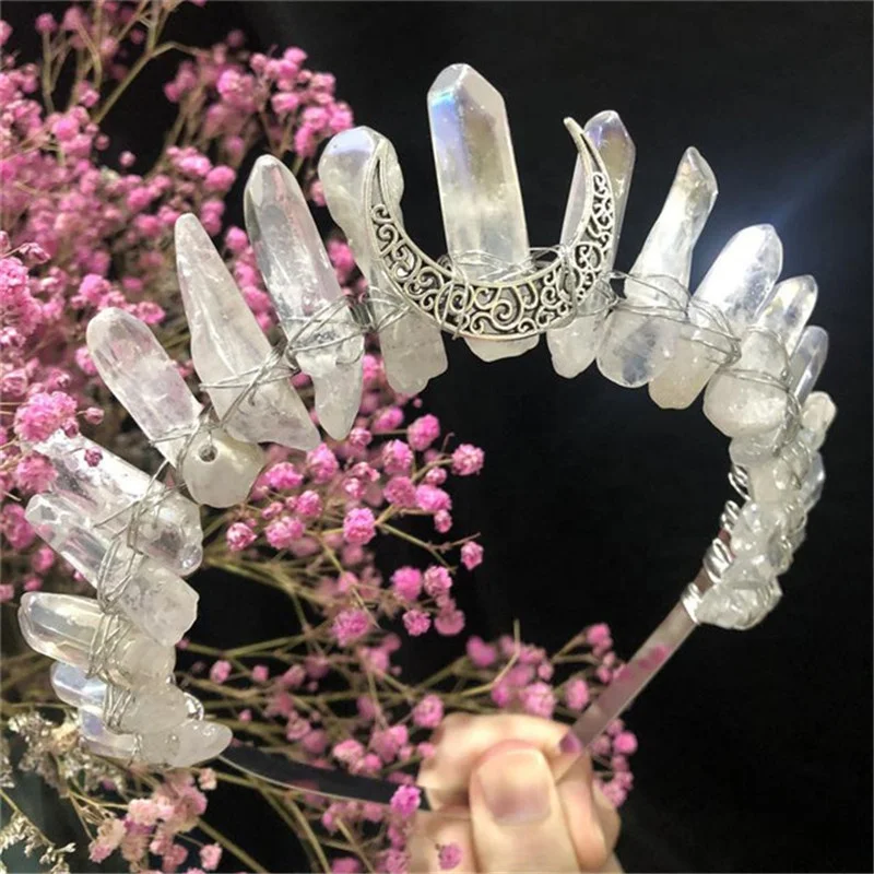 

Witch Moon Crown Wide Crystal Hairband Handmade Natural Crystal Headband Wedding Hair Jewelry Accessories