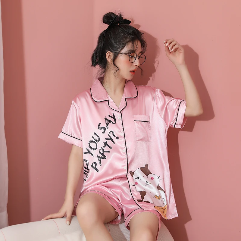 CAIYIER Summer Cute Cat Print Nightwear Silk Turn-down Collar Short Sleeve Sleepwear Plus Size Soft Sexy Pajamas Set For Women
