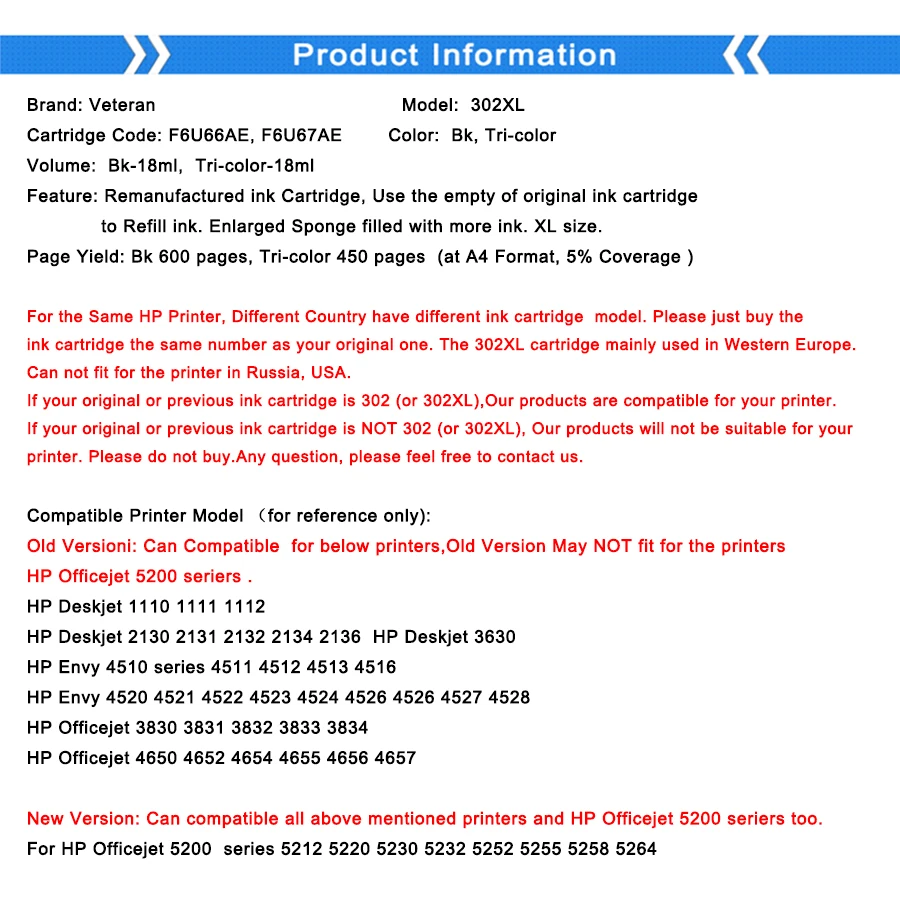 Ветеран 302XL сменный картридж для принтера hp 302 XL hp302 с чернилами Deskjet 1110 1112 2130 2131 3630