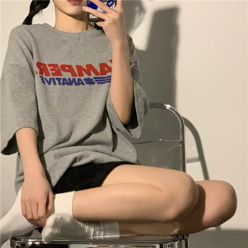 

Korean Chic Top T-shirt Loose Lazy Simple Medium Long Letter Printed Round Neck Short Sleeve Women
