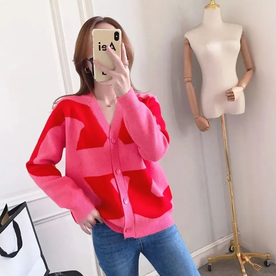 

New sweater spring autumn loose color contrast V-neck knitted cardigan top