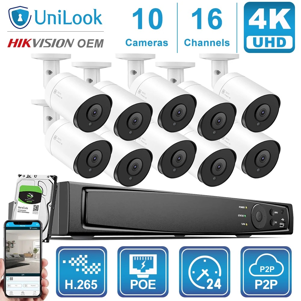 UnILook 16CH NVR 8/10/12/16Pcs 4K 8MP Bullet POE IP Camera Kit Security CCTV Audio Night Vision 30m H.265 P2P View | Безопасность и