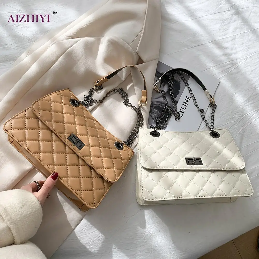 

Retro Women Lattice PU Crossbody Bag Portable Chain Purse Shoulder Solid Totes Popular Simple Female Daily Bag