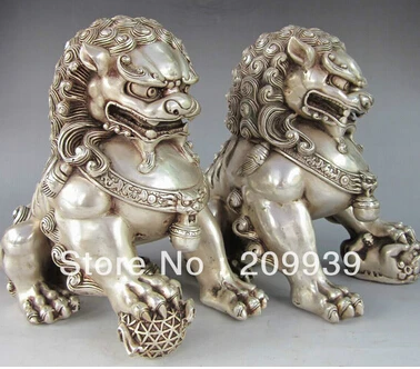 Бесплатная доставка китайская Серебряная бронза Fu Foo Dog Guardian статуя льва пара |