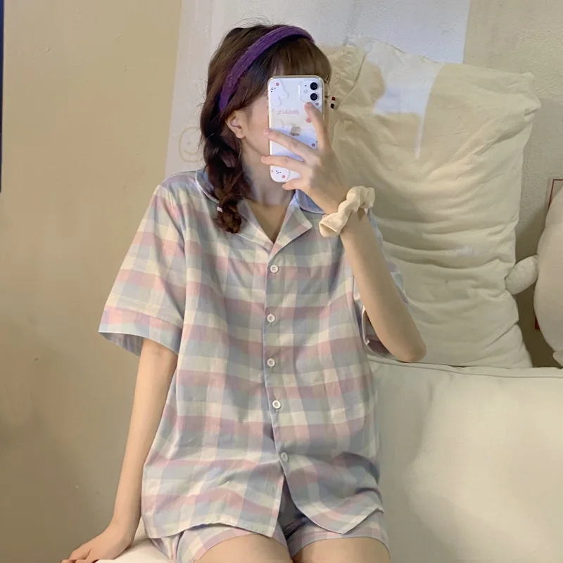 CAIYER Summer Plaid Pajamas Suit Sweet Girl Purple Printing Sleepwear Korean Women Leisure Pyjamas Home Luxury Pajamas for Women