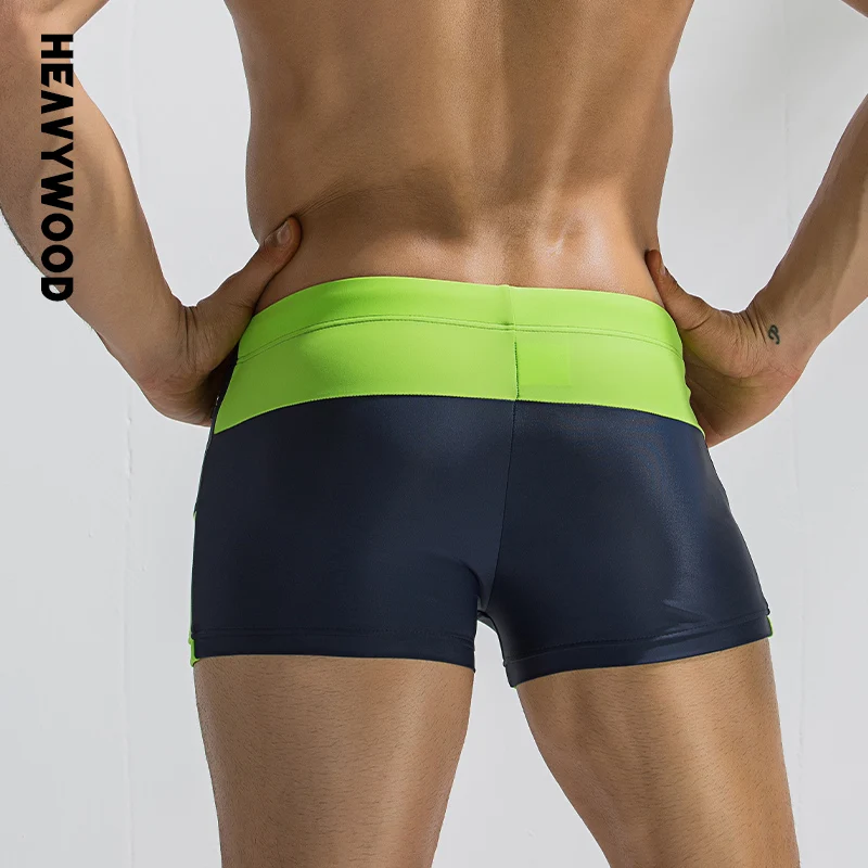 Heavywood Summer Fashion Men's Swimming Trunks Color Contrast Side Pocket Zipper Swimwear Drawstring Elastic Waist Beach Shorts