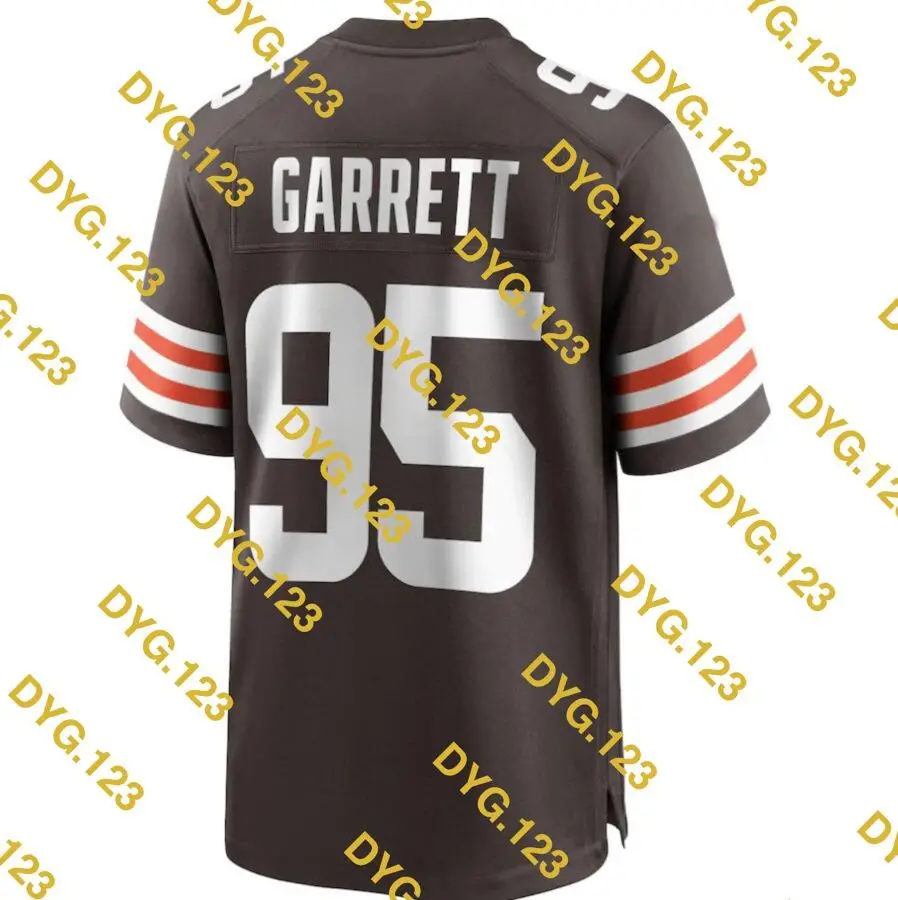 

Футболка Кливленда стежка Myles Garrett для мужчин женщин детей молодежи Коричневый Оранжевый Белый