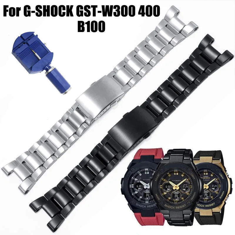 Сменный ремешок для часов для Casio G-SHOCK W400 GST-W300 GSHOCK, браслет на запястье из нержавеющей стали с 3 бусинами