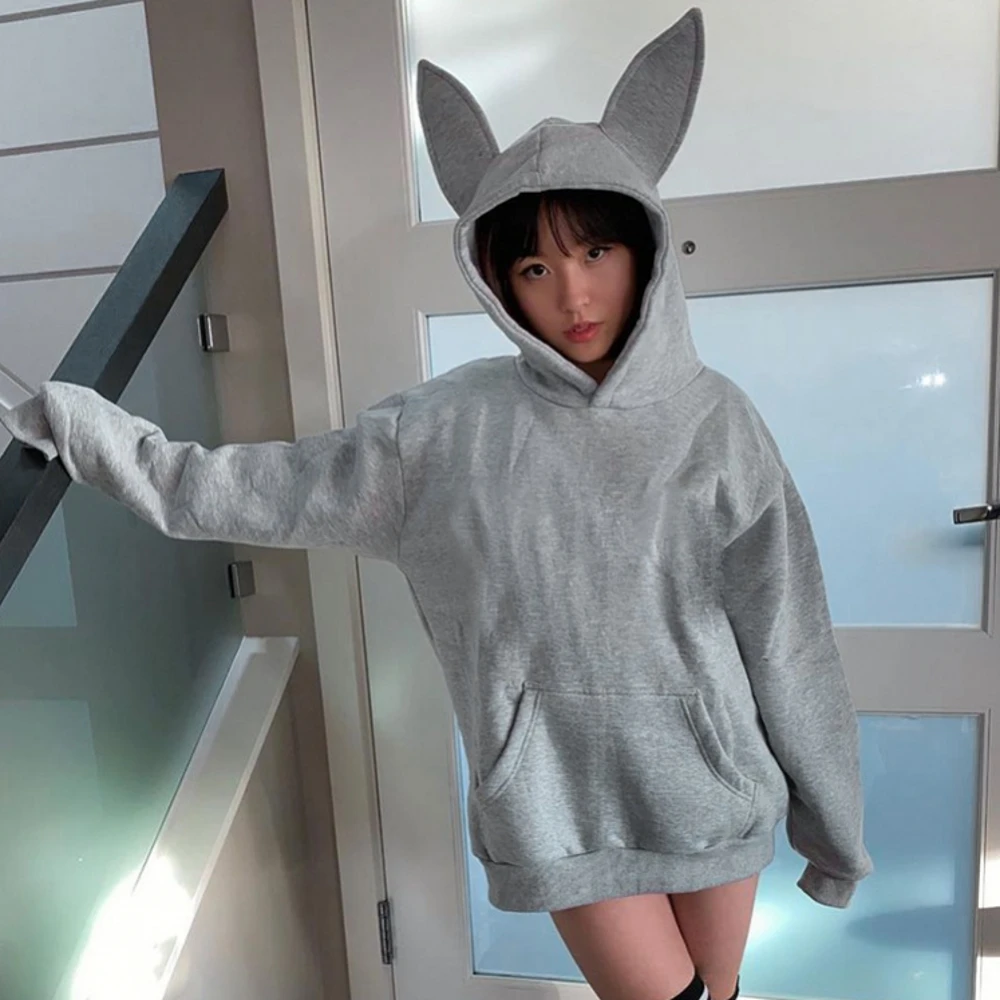 

Rabbit Ear Hooded Solid Cotton Crop Tops Sweater Shirt 2021 Women Autumn Winter Outfit Winter Fashion Elegant Y2K Tops