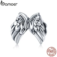 bamoer authentic 925 sterling silver vintage angel wings feathers beads charms fit women bracelets bangles jewelry scc1091