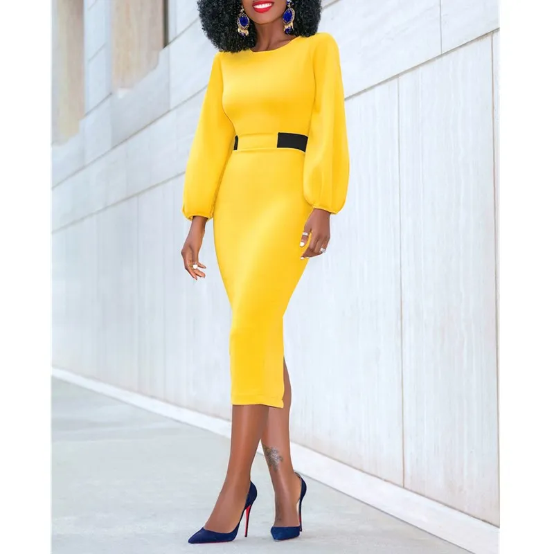 Женское облегающее платье с круглым вырезом и длинным рукавом офисное