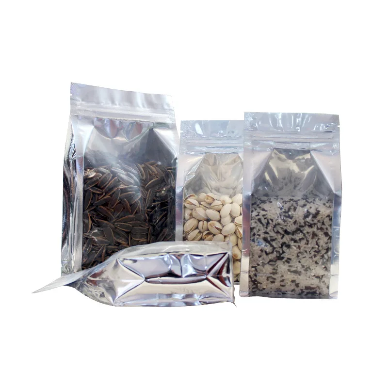 

50pcs/lot-6 size options Stand Up Clear front Aluminized back Zipper Seal Bags Food Sample Powder Candy Party Gift Bags
