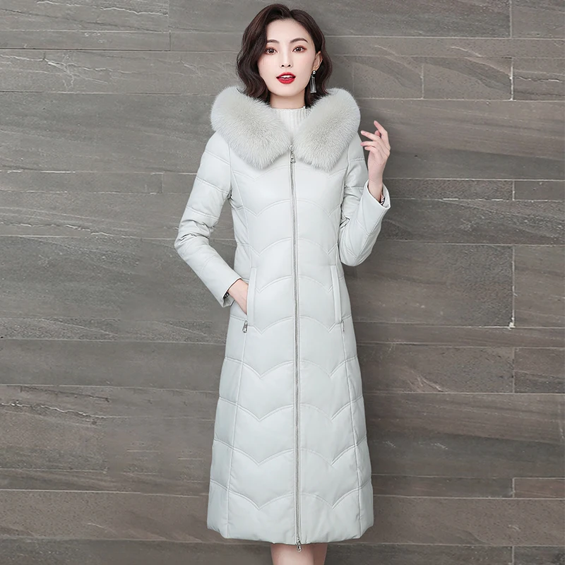 New Women Leather Down Coat Autumn Winter 2022 Fashion Soft Real Fox Fur Collar Hooded Solid Slim Long Sheepskin Down Jacket
