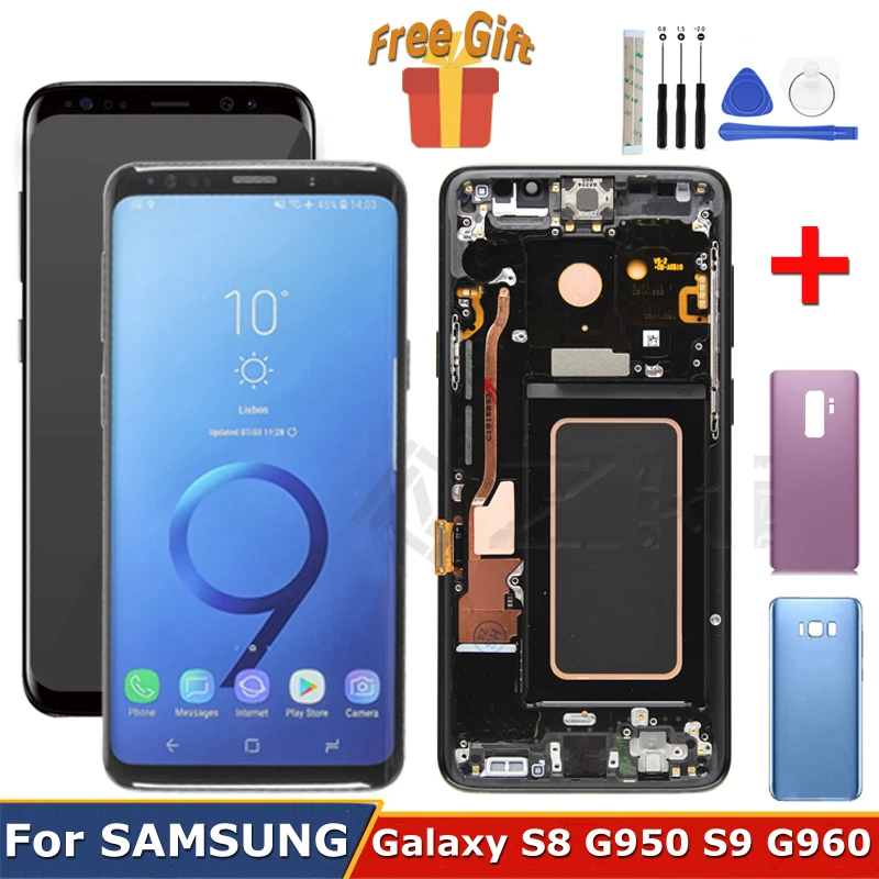 

5.8"Red Burn For SAMSUNG Galaxy S8 Display G950f Touch Screen Replacement G950U With Frame S9 LCD Battery Back Cover G960w G960F