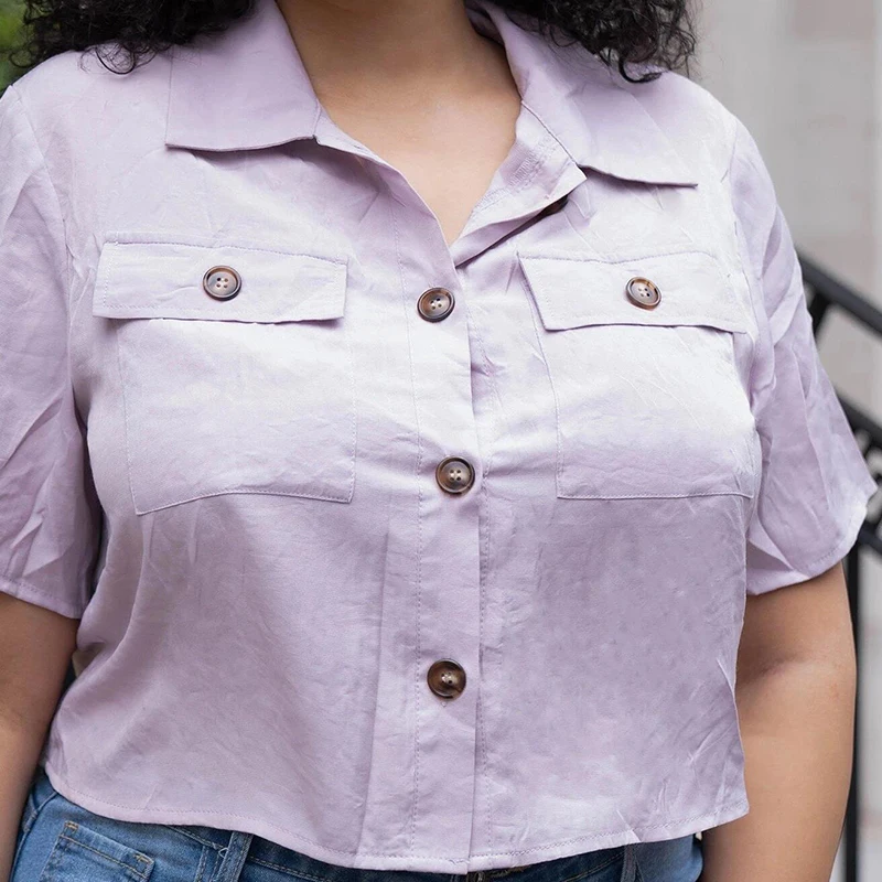 DOIB Purple Solid Plus Size Blouse Women Vintage Short Sleeve Turn Down Blouse 2020 Summer Elegent Blouse Shirt 4XL