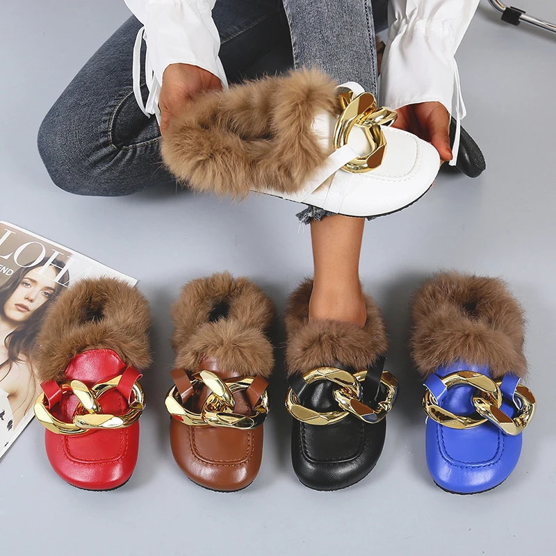 

Winter Real Fur Metal Chain Mules Women Shoes Loafers Round Toe Casual Indoor Shoes Women Furry Slides Fluffy Hairy Flip Flops