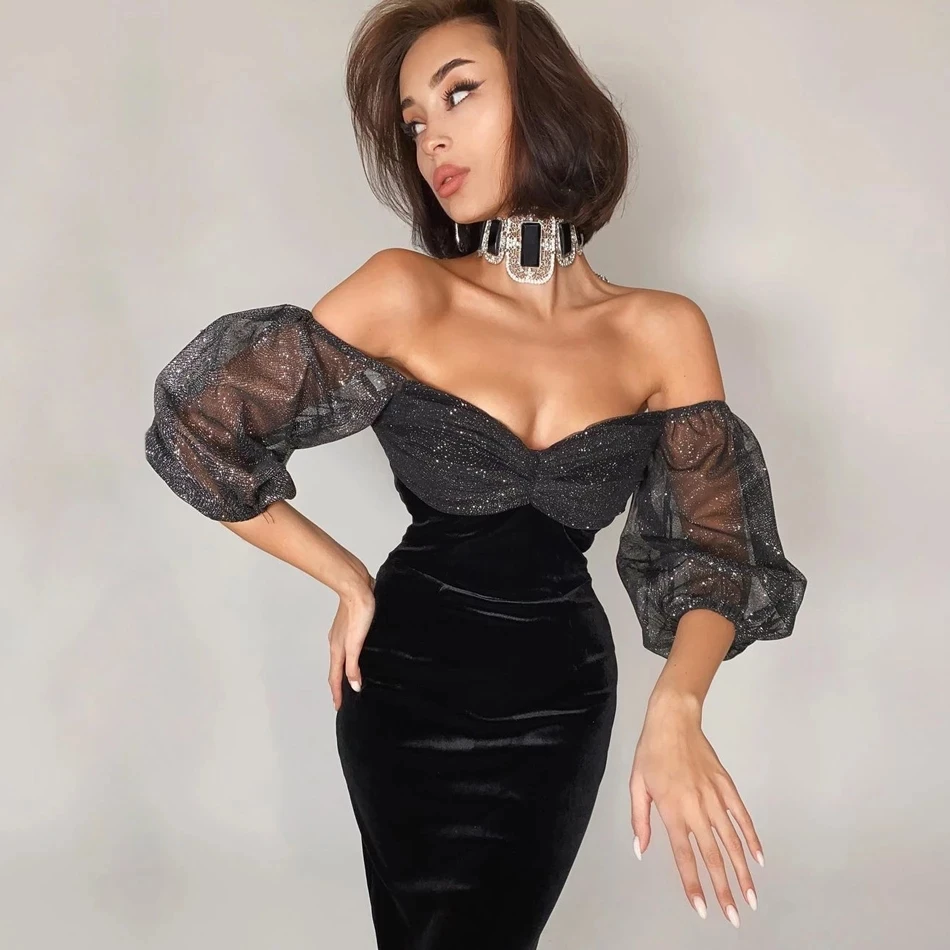 

New Arrivals 2021 Summer Sexy Short Sleeve Mesh Midi Hot Sale Evening Dress Women Fashion Evening Patchwork Strapless Dresses