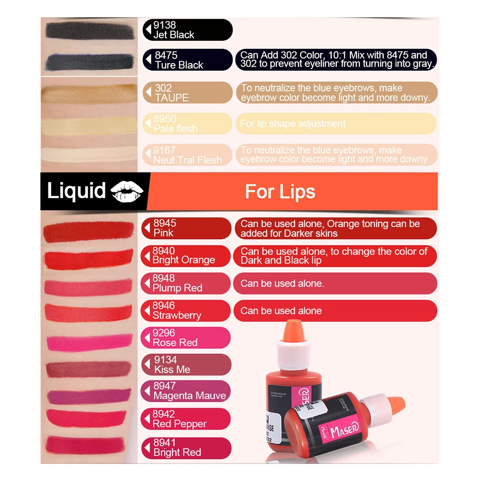 Профессиональные полуперманентные пигменты для макияжа губ 8 цветов цветные