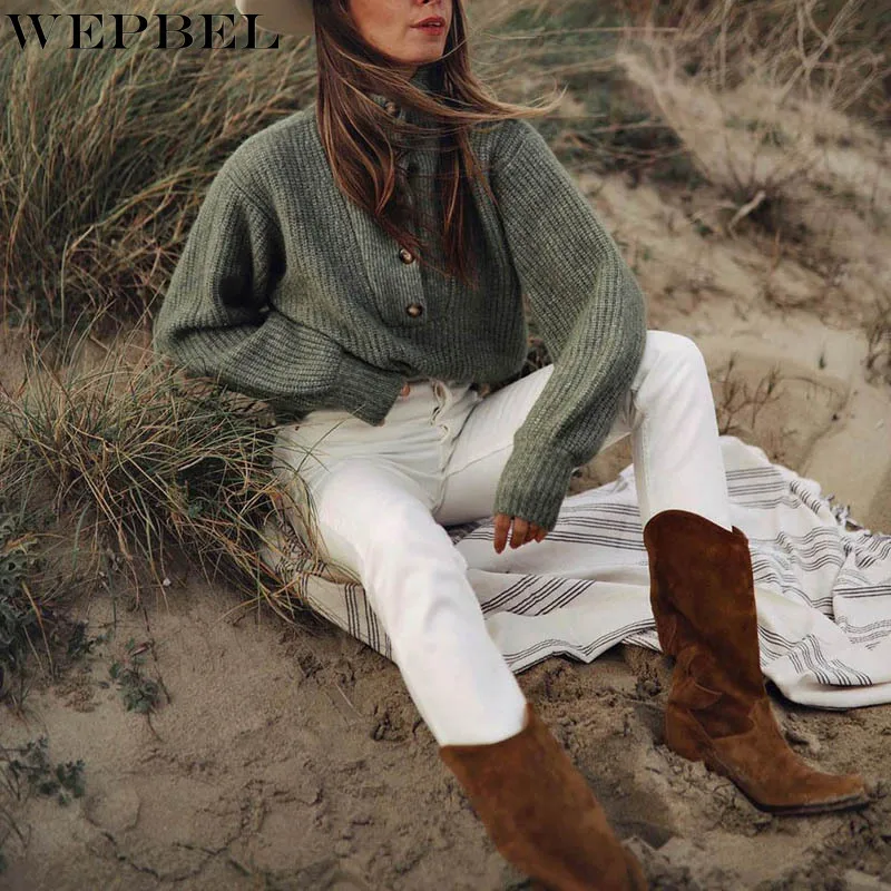 

WEPBEL Casual Loose Sweater Autumn Turtleneck Single Brewed Sweater Women's Casual Solid Color Long Sleeve Pullover Sweater