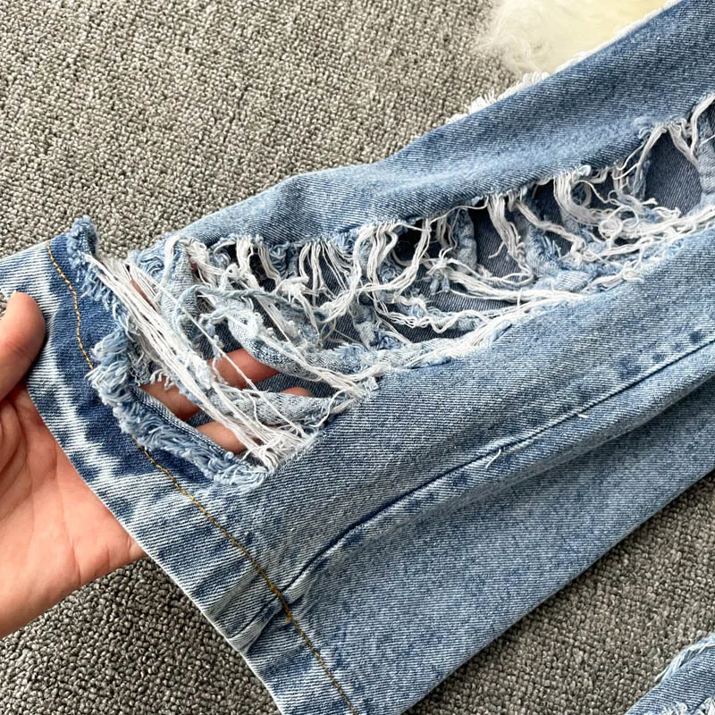 

Summer 2021 Denim Pant Suits Vintage Hole Tassel High Waist Jeans Tracksuit Women Sleeveless Crop Top Two Piece Set Women