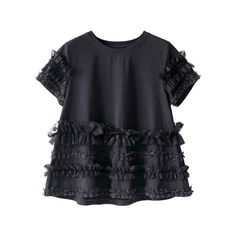 

imakokoni original design wild black lace T-shirt Japanese solid color was thin top summer women 203061
