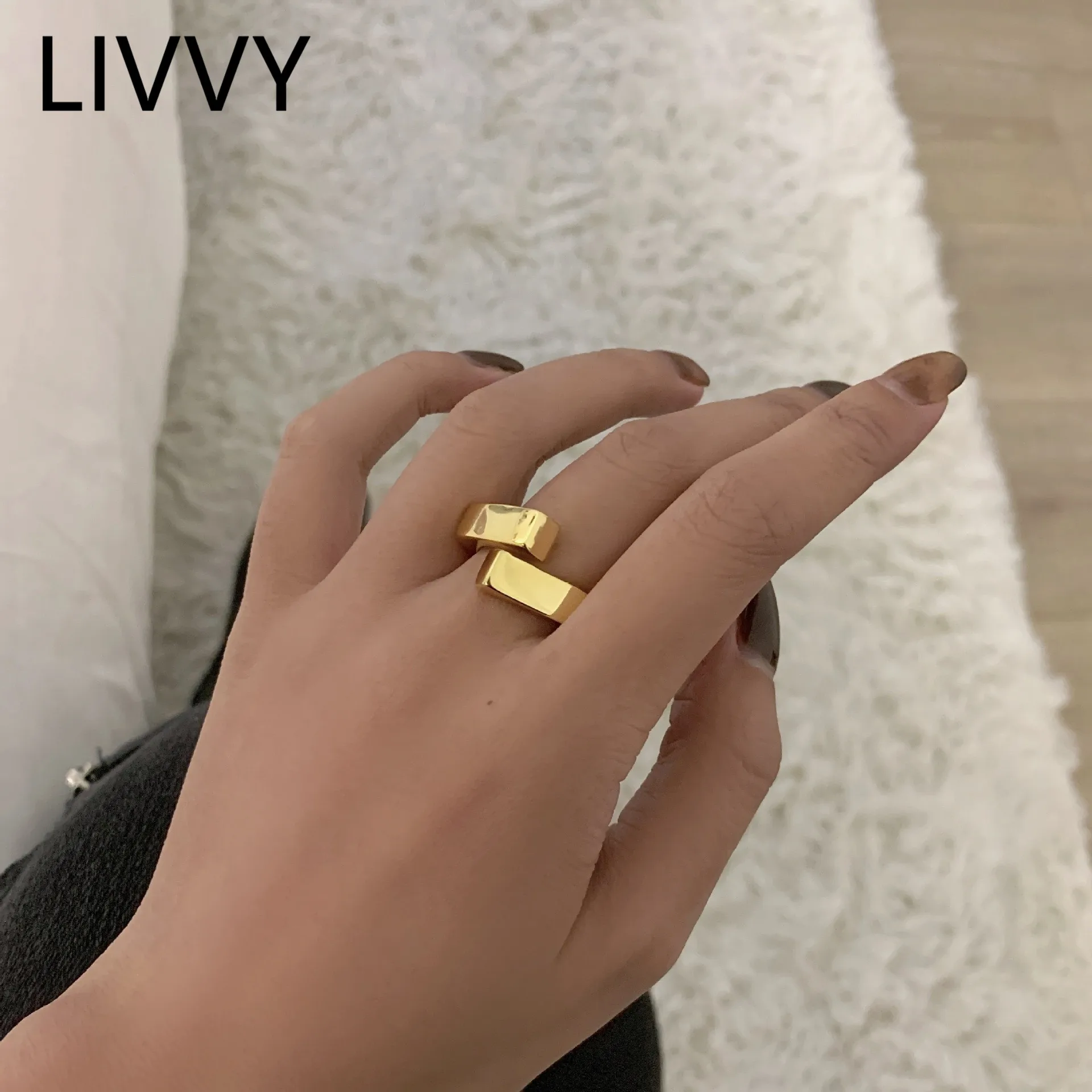 

LIVVY Silver Color Geometic Rectangle Hug Gold Color Personality Adjustable Ring For Women Party Accessories Jewelry Gift