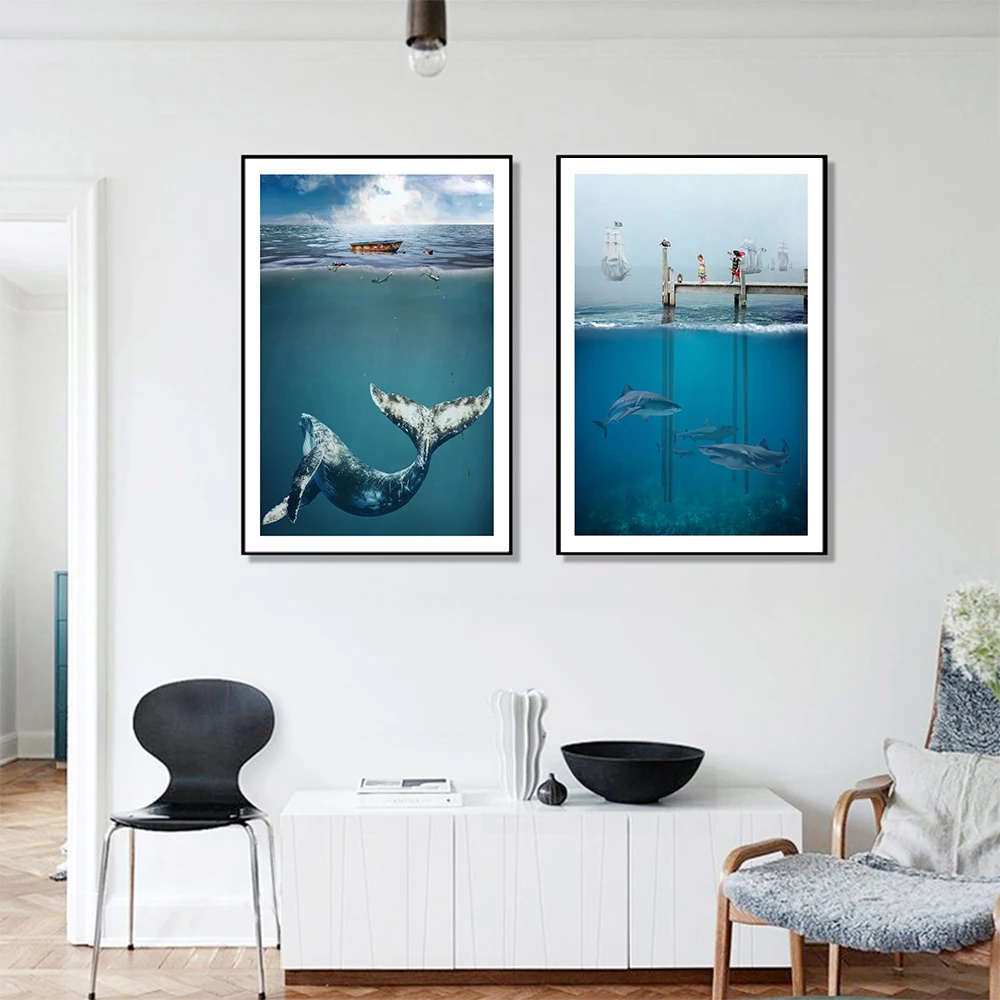 Картина на холсте с изображением Кита голубое глубокое море Настенная картина