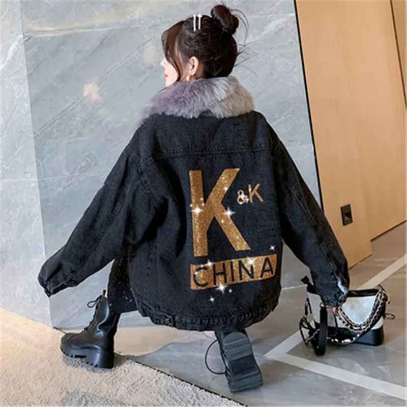 

2022 New Winter Lamb Hair Short Denim Jacket Women Loose Plus Velvet Padded Coat Winter Fur Collar Parkas Coat Outerwear N1155