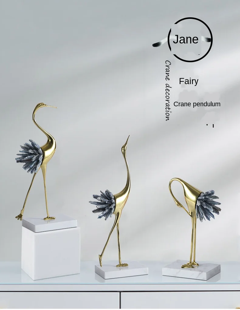 

Copper ornaments for living room Modern simple light luxury crystal crane decoration Model room decoration metal crafts