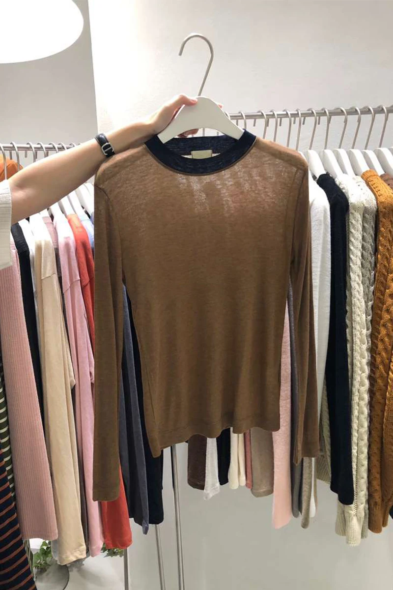 

2021 Spring New Solid Color Round Neck Loose Bottoming Shirt Women's Long Sleeve T-shirt Simple Inner Wear