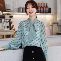 elegant plaid printed bow chiffon shirts 2022 spring new fashion office lady loose pullovers v neck lantern sleeve woman blouses