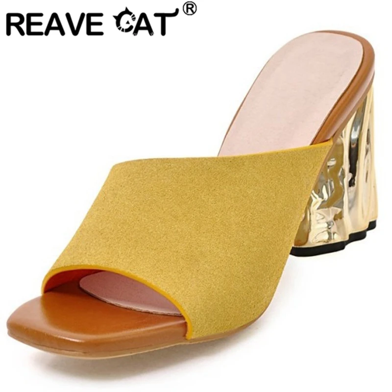 Kaufen REAVE KATZE 2020 Sommer Neuheit Frau Im Freien Hausschuhe Peep Toe 8cm Glänzende Seltsame Heels Plus Größe 33-43 Casual Party A2921