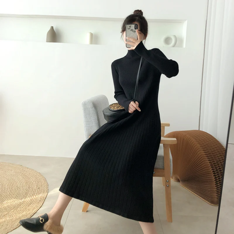 

Elegant Half Turtleneck Ladies A-line Sweater Dress Full Sleeve Slim Waist Women Knitted Mid-Calf Vestidos Spring And Autumn
