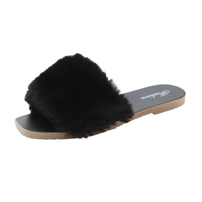 2021 Summer Women House Slippers Faux Fur Fashion Shoes Woman Slip on Flats Female Slides Black Pink Cozy Home Furry Slippers