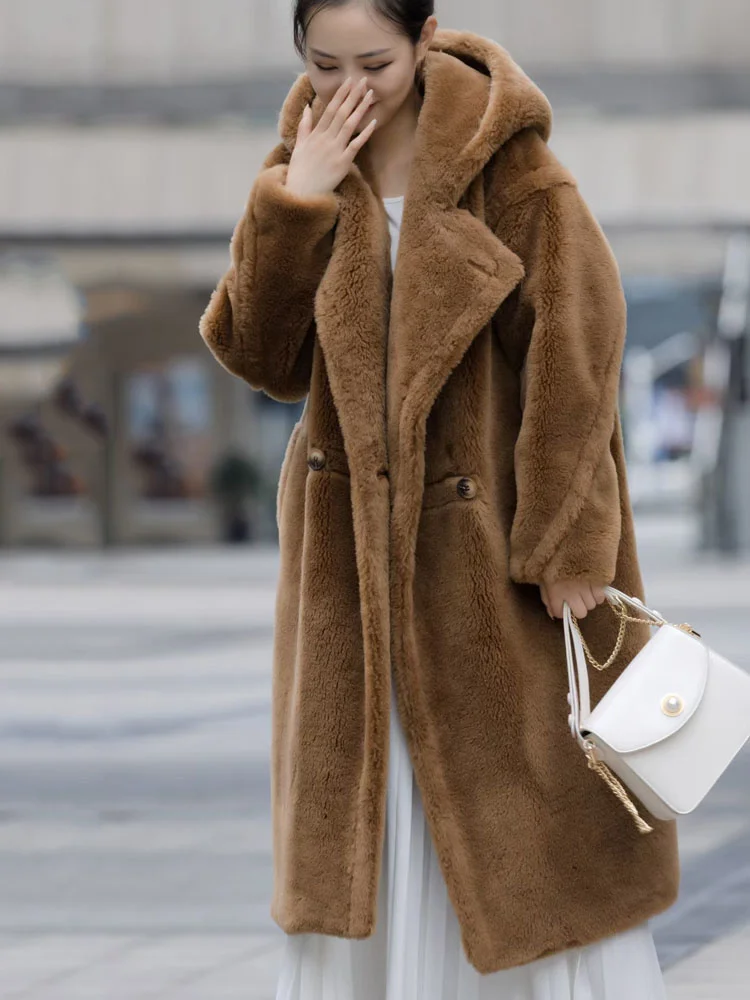 

SHZQ Thick Warm Coat Women Winter Longlength Real Sheep Wool Jacket with Hooded Teddy Bear Style Oversized Female Clothes