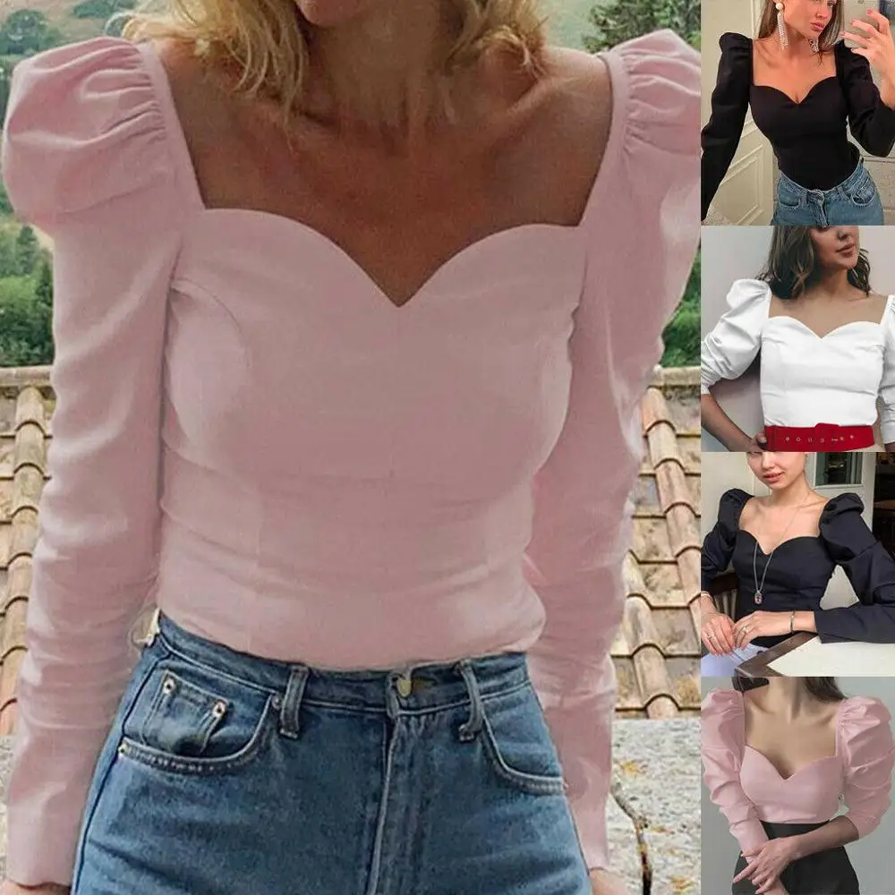 

Women Square Collar Vintage Solid Puff Sleeve Long Leeve Tops Shirt Blouse
