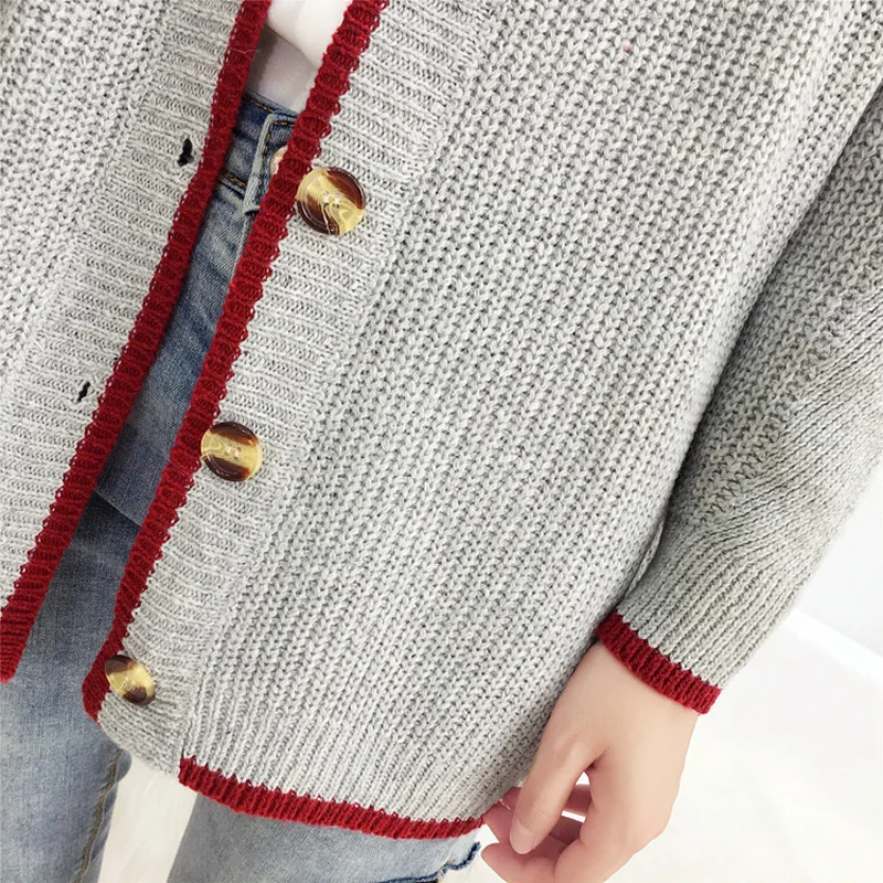 QoerliN Lazy Style Cardigans Women Sweater Student Chic Long Sleeve Jumper Single-Breasted Button Girls Gray Knitted Jacket Coat |