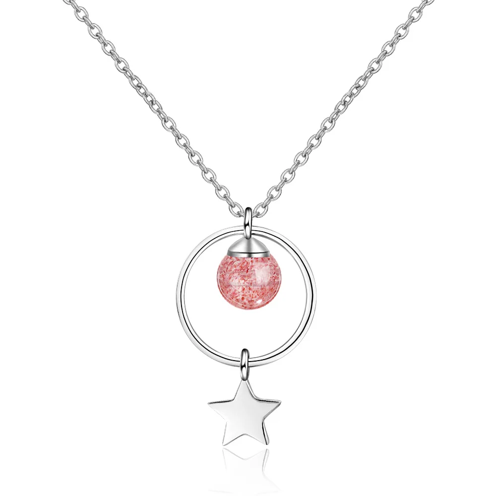 

Strawberry pink crystal cute sweet 925 sterling silver jewelry woman five-pointed star circle necklace clavicle chain female