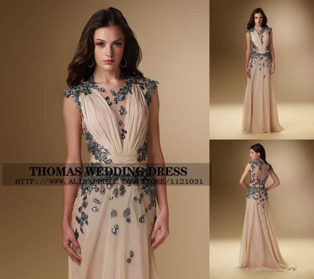 

Custom Made See Through Champagne With Crystal Beading Chiffon Mother of the Bride Dresses Evening A-line WV-500