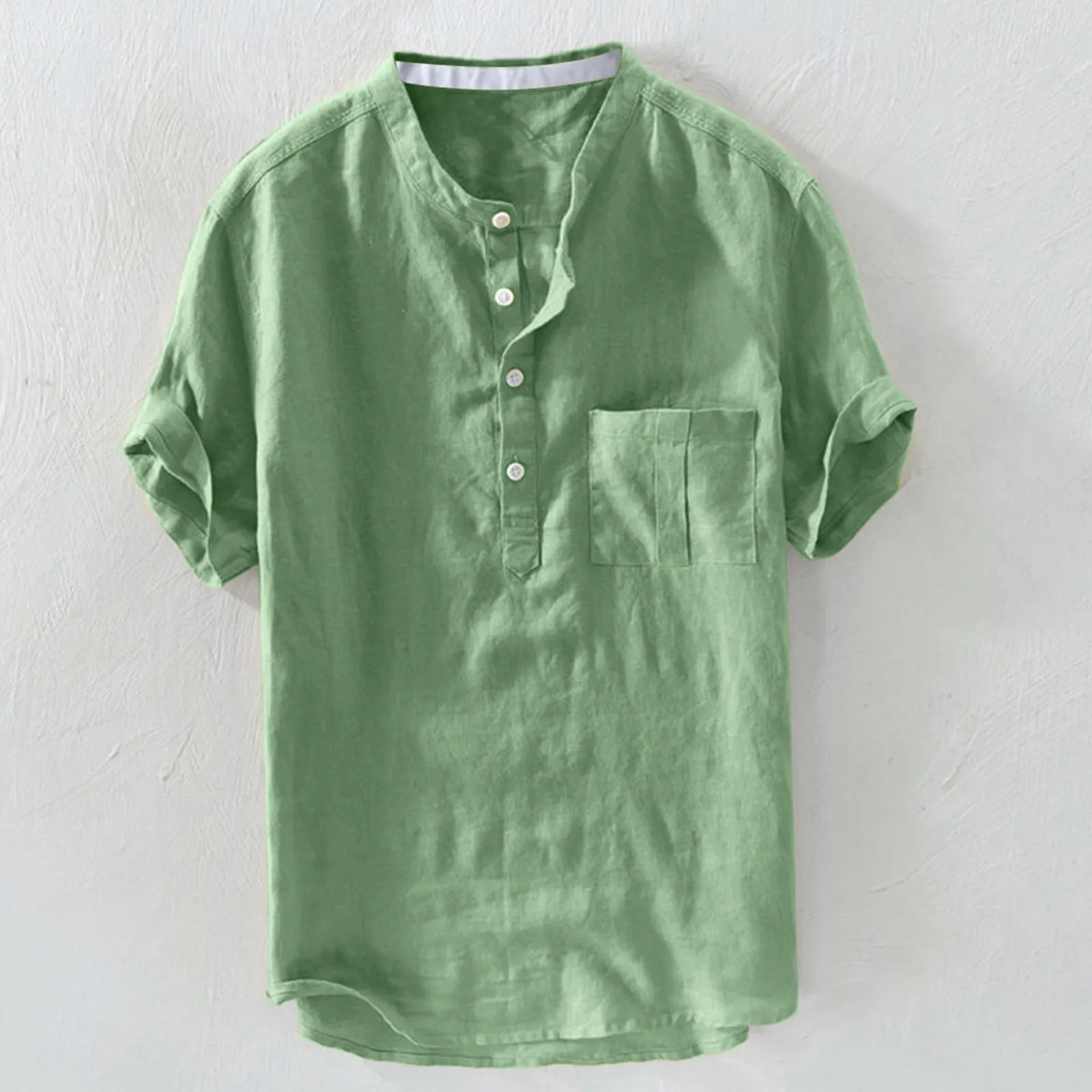 Мужская хлопковая рубашка с воротником стойкой однотонная винтажная брендовая в